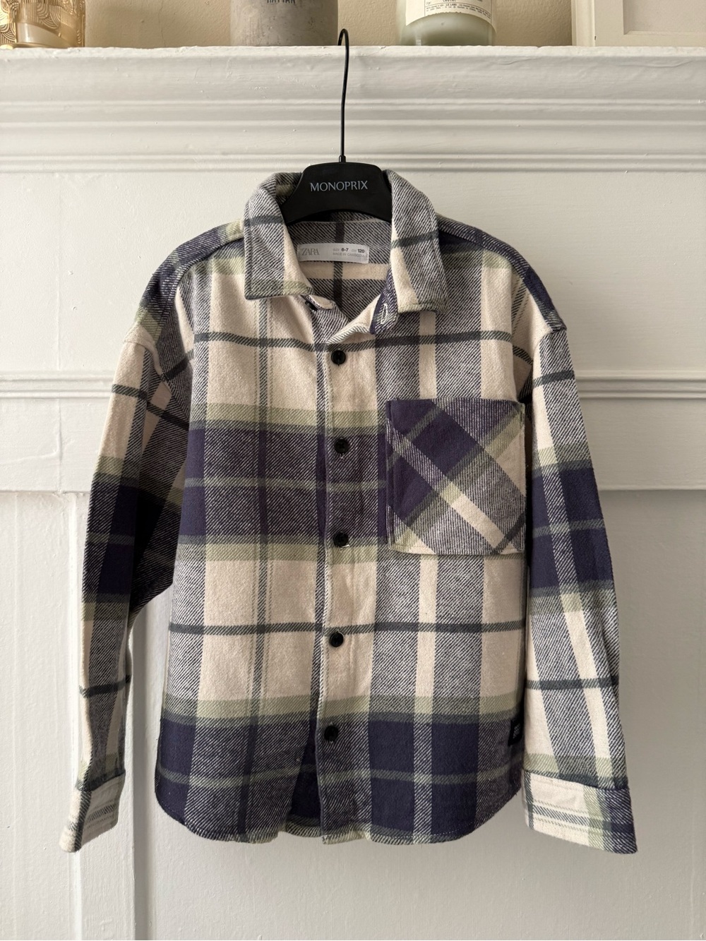 ZARA Plaid Button-Up Shacket with Navy & Cream Plaid